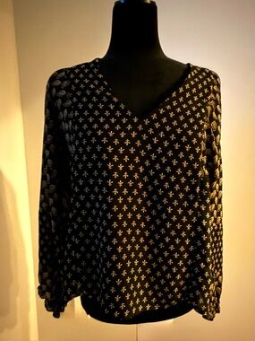 Madewell Black V-Neck Printed Blouse - Small Motif Pattern